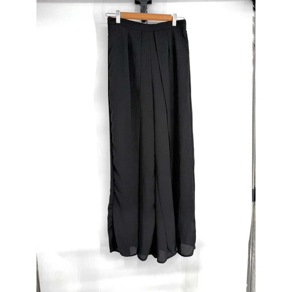 Favlux Fashion Black Wide Leg Palazzo Pants Pleated Front Side Slit Sz M